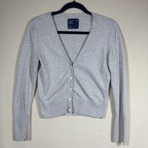 American Eagle Y2K Button Up Cropped Cardigan Med Oatmeal Neutral Clean Girl